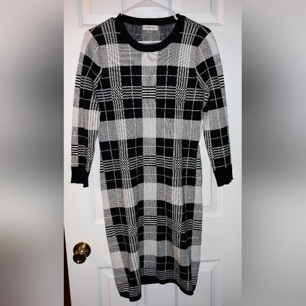 Calvin Klein Women's Medium Plaid Black White Sweater Dress